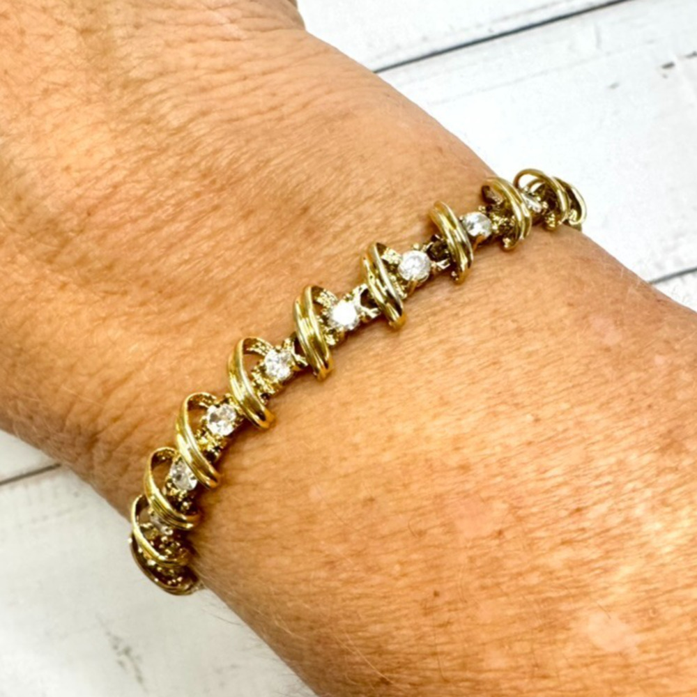 Gold Tone Tennis Bracelet Clear CZ Rhinestones Double Bar Wrap 7” Safety Clasp